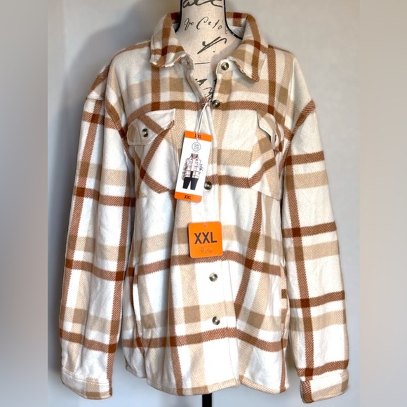 Women's XXL Sage Collective Rust Cream Plaid Fleece Shacket Sherpa Lining NWT - Picture 1 of 5